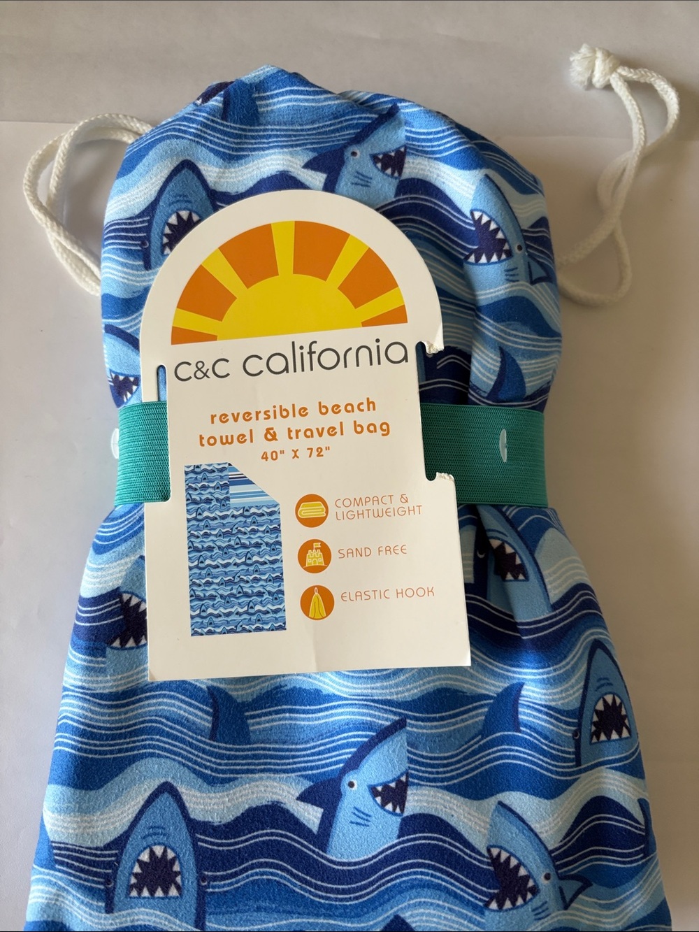 C&C California Blue Shark Wave Reversible Beach Towel with Travel Bag